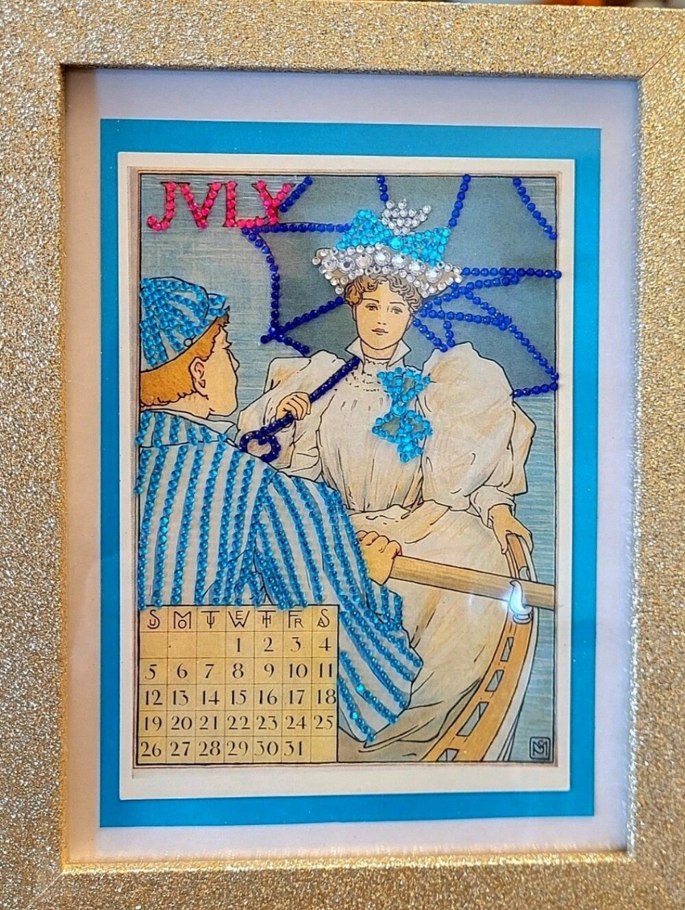 JULIET/ JULY 1895 FRENCH CALENDAR ART CARD FRAMED & EMBELLISHED WITH RHINESTONES